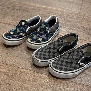 Two Vans Kids Slip-On Sneakers - Black check and Dinosaur Print
